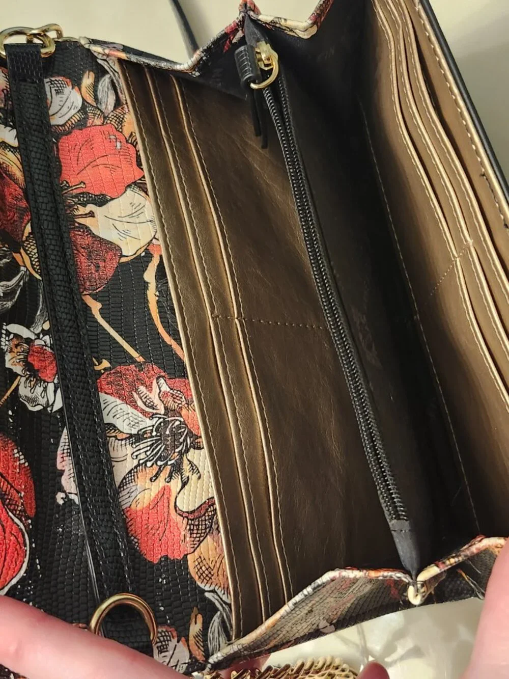 Anne Klein Black Floral Lizard Embosssed Flap Gold AK Logo Crossbody Purse